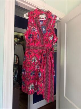 Printfresh Hot Pink Dress with Green and Navy Tropical Leaves